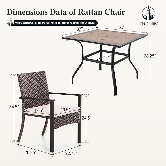 HERA'S HOUSE 5 Pieces Patio Dining Set, Outdoor Dining Set with 4 Wicker Patio Chair with Removed Cushion, 37" Wood Like Dining Table with 1.57" Umbrella Hole, for Lawn Garden Backyard Deck