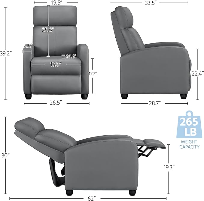 Yaheetech Recliner Chair PU Leather Recliner Sofa Home Theater Seating with Lumbar Support Overstuffed High-Density Sponge Push Silver Gray Recliners