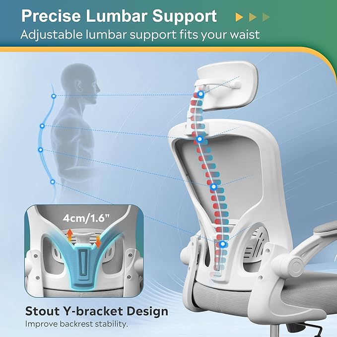 DEVAISE Office Chair, High Back Mesh Ergonomic Desk Chair with Flip-up Armrests, Adjustable Headrest and Lumbar Support, White