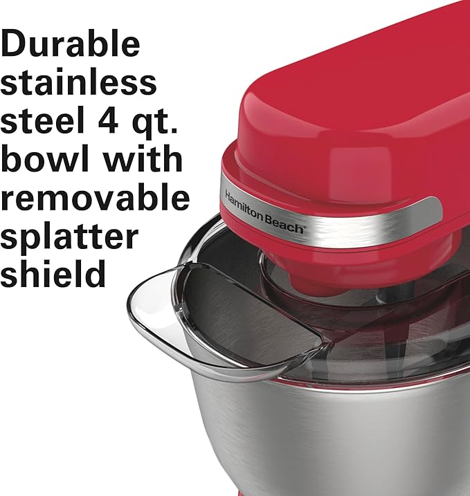 Hamilton Beach Electric Stand Mixer, 4 Quarts, Dough Hook, Flat Beater Attachments, Splash Guard 7 Speeds with Whisk, Red