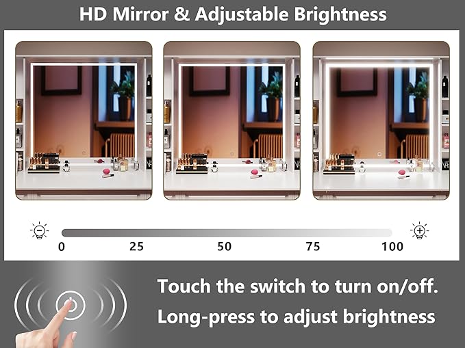 Extra Large Vanity Desk with Mirror and Lights, White Vanity with Bluetooth Speaker, Wireless Charging and Mask Cooler, Makeup Vanity Table with 9 Drawers for Women (Minimalist Style)