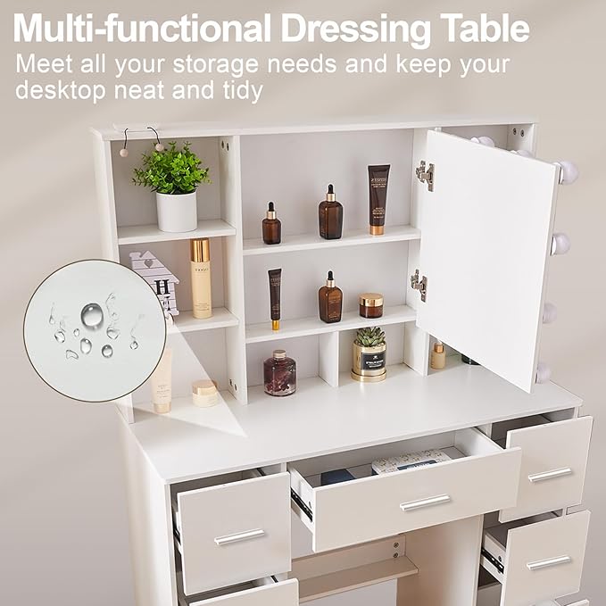 Vanity Desk with Mirror Lights, Makeup Desk with 7 Drawers and Cabinet, 3 Lighting Modes, White Vanity Set with Chair Stool for Bedroom