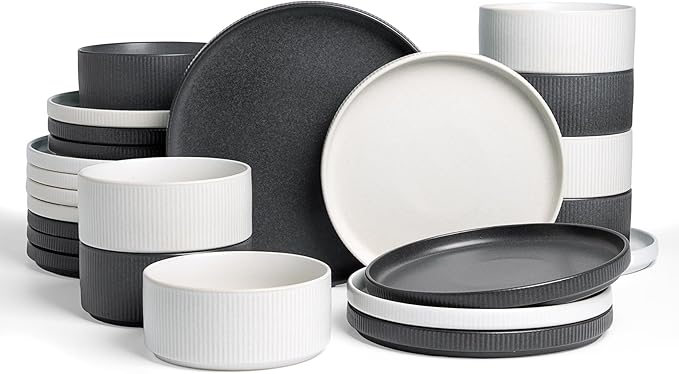 Famiware Star Dinnerware Set, Plates and Bowls Sets for 8 (24pcs), Ribbed Stoneware Dishes - Chip & Scratch Resistant, Microwave & Dishwasher Safe, Multicolor - Matte White & Matte Dark Charcoal