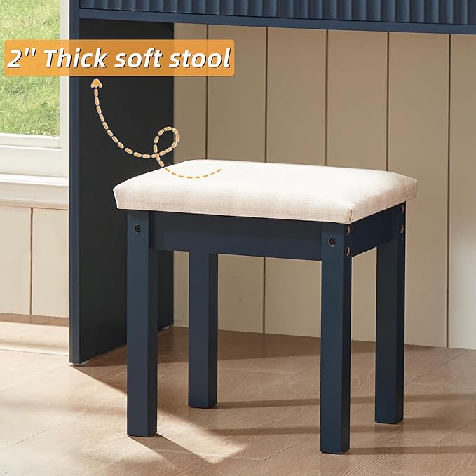 LEYAOYAO Vanity Stool, Elegant Makeup Stool with Comfortable Fabric Cushion, Sturdy Wooden Frame, Modern Vanity Bench for Bedroom and Bathroom-Navy Blue