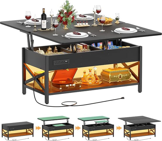 Aheaplus Coffee Table Lift Top Multi-Function Coffee Table Converts to Dining Table, with LED Light and Power Outlet, Center Table with Shelves for Living Room Reception Home Office, Black