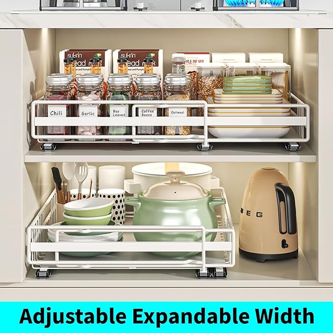 DREMAK Pull Out Cabinet Organizer, 2 Pack Expandable Pull out Drawers for Cabinets, Upgrade 3 Slide Rails Adhesive with Film No Drill, Adjustable Width 12.2"-20.1"