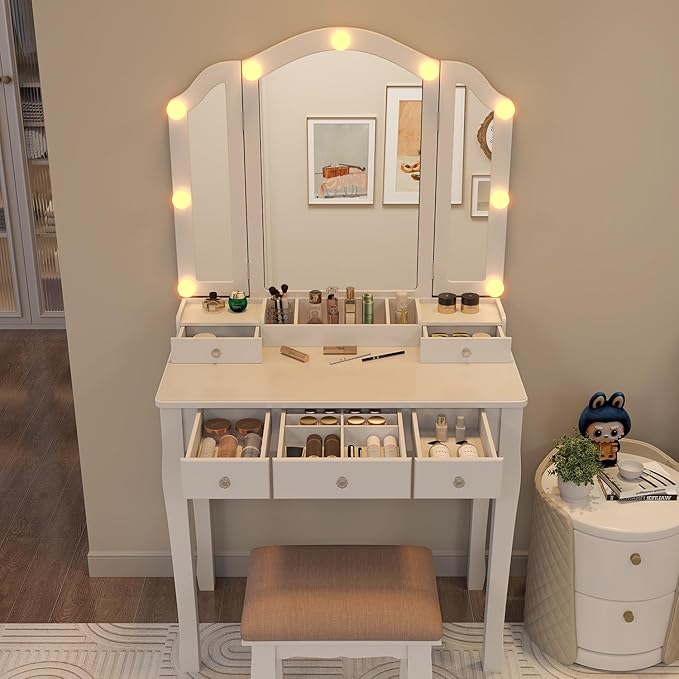 White Vanity Desk with Mirror and Lights Makeup Vanity Set Teen Vanity Mirror with Lights Desk and Chair Makeup Vanity Table Makeup Vanity with Drawers Tocadores