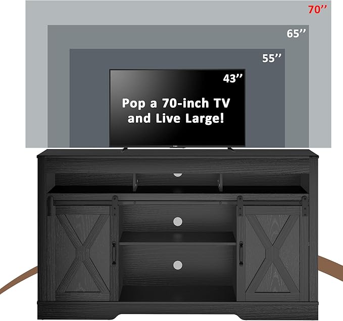 Farmhouse TV Stand for 65+ Inch TV, 34'' Tall Entertainment Center with Sliding Barn Doors, Rustic Wood Media Console Storage Cabinet Television Stand for Living Room, Bedroom (Black)