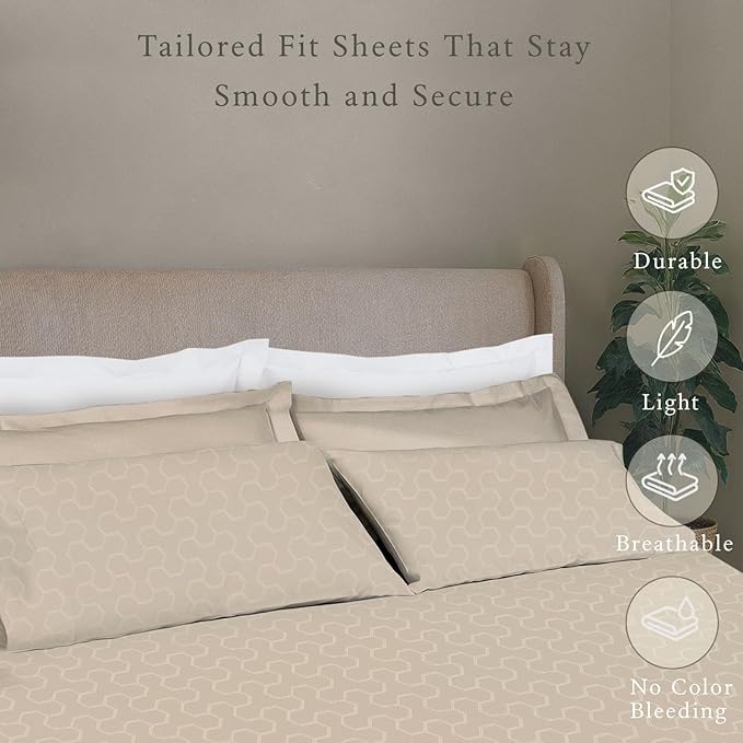 Threadmill Cotton Full Size Sheet Set | 500 Thread Count 100% Cotton Sheets for Full Size Bed | Damask Jacquard Full Bed Sheets Set 16” Deep Pocket | Soft Sateen 4-Piece Cooling Bedding Set | Beige