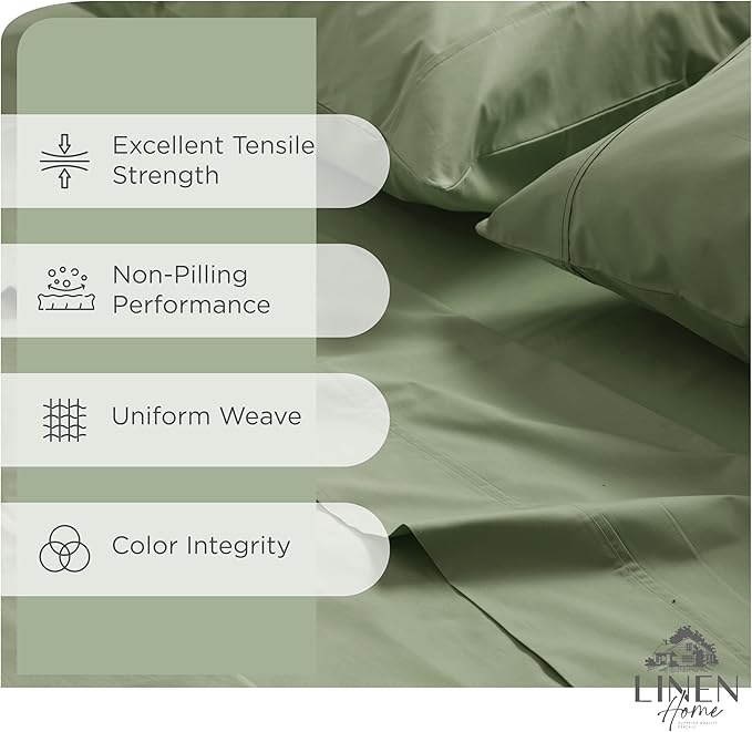 Linen Home 100% Cotton Percale Sheets King Size, Oil Green, Deep Pocket, 4 Pieces Set - 1 Flat, 1 Deep Pocket Fitted Sheet and 2 Pillowcases, Crisp Cool and Strong Bed Linen