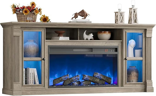 Farmhouse Fireplace TV Stand Up to 80" TVs, 70" Modern Highboy Entertainment Center with 36" Electric Fireplace & LED Lights, Media Console with Adjustable Shelves for Living Room, Gray