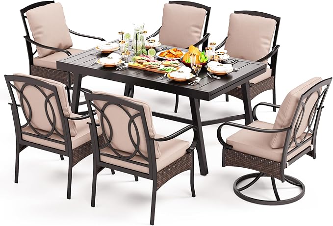 PHI VILLA Heavy Duty 7-Piece Patio Dining Sets, Expandable Outdoor Table and Chairs Set for 6, 6 Extra Large Dining Chairs(2 Swivel), Rectangular Metal Dining Table for Deck, Backyard and Garden