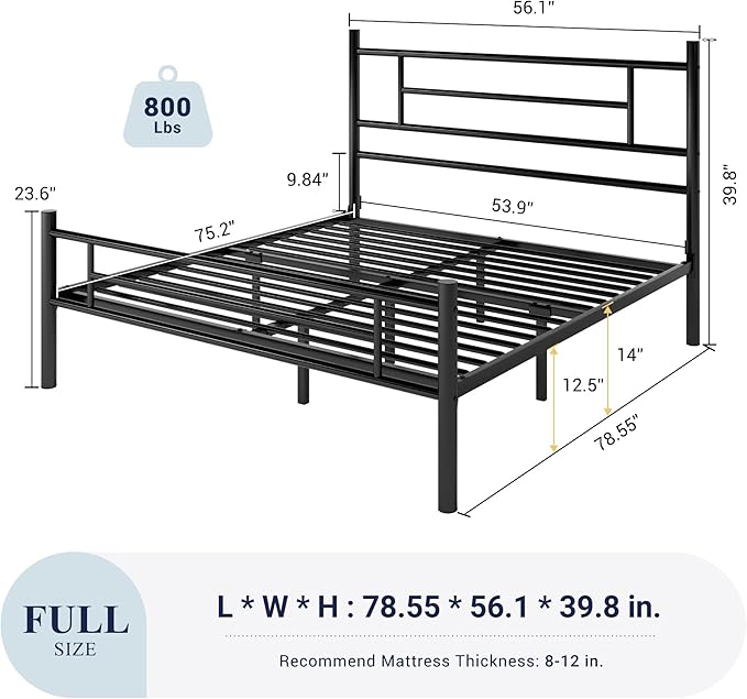 Allewie 14 Inch Full Size Metal Platform Bed Frame with Headboard and Footboard, Underbed Storage, Strong Metal Slats Support, Mattress Foundation, No Box Spring Needed, Easy Assembly, Black