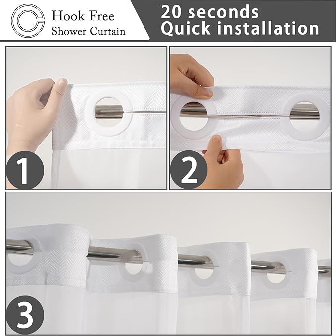 No Hook Shower Curtain with Snap in Fabric Liner Set, White Chevron Hotel Style Bathroom Curtain, Washable and Water Repellent, 71x74 Inches