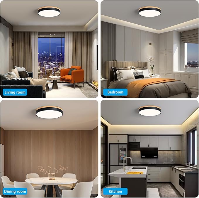 Modern Dimmable LED Close to Ceiling Light Minimalist Wood Oak Flush Mount Ceiling Light Fixture Circle Lighting for Bedroom Living Room Bathroom Laundry Room (Black, 15.7'')