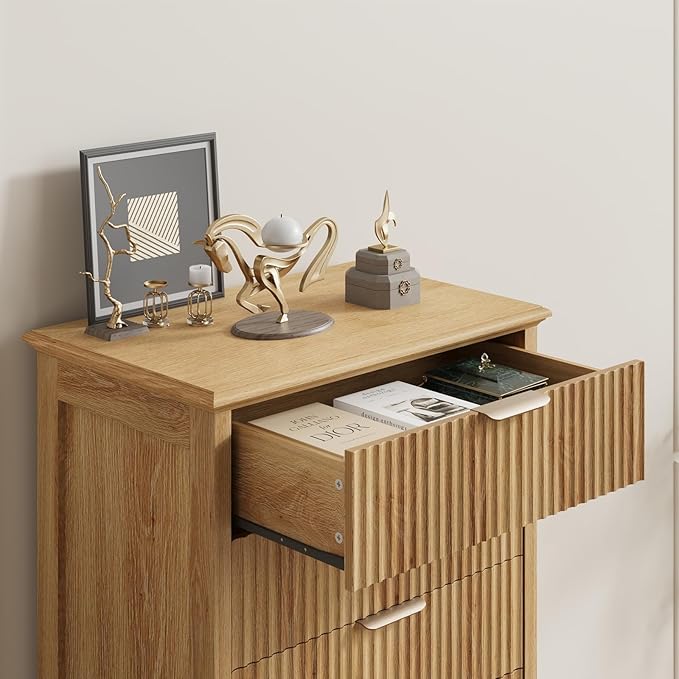 QUW Fluted 6 Drawer Dresser for Bedroom, Modern Tall Chest of Drawers with Metal Handle, Large Wood Storage Chest Organizer Accent Storage Cabinet for Living Room, Hallway, Entryway, Natural Oak