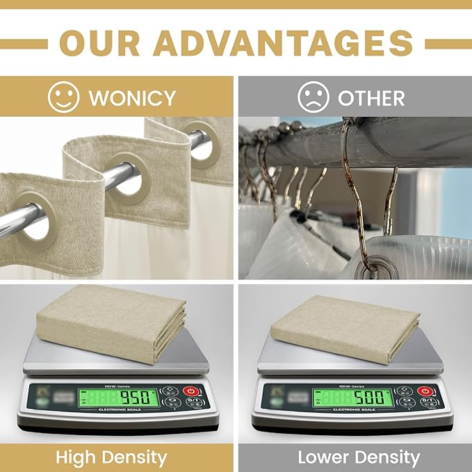 No Hook Shower Curtain with Snap in Liner, Polyester Textured Shower Curtain with Liner Set, Waterproof Washable Hotel Style Shower Curtains for Bathroom, 71Wx74H, Khaki