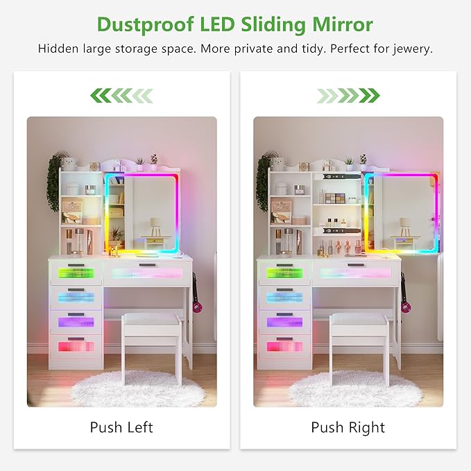 HNEBC Vanity Desk with Sliding Mirror and LED Lights, RGB Vanitys with Charging Station, Makeup Vanitys with Remote Control, White Dresser with Stool/Lager Drawers for Bedroom (White)