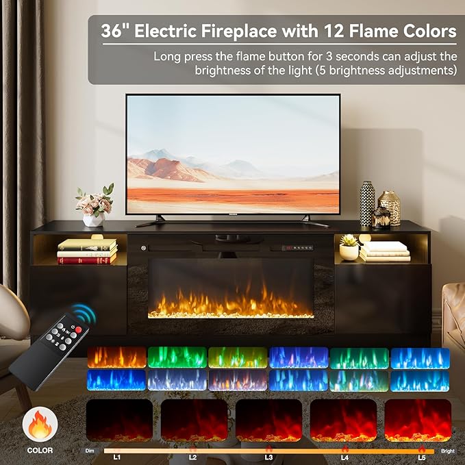 oneinmil 70” TV Stand with 36” Electric Fireplace, Large Modern Media Entertainment Center with Storage Cabinet and 12 Colors LED Lights for TVs Up to 80", Black TV Stand and Black Fireplace