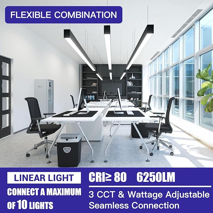 JTT 4FT LED Linear Light, 30W/40W/50W 3CCT 3000K/4000K/5000K CCT Selectable, 6250 LM Linkable Office Shop Light Fixture, ETL Listed Dimmable Architectural LED Suspension Office Lighting Fixture