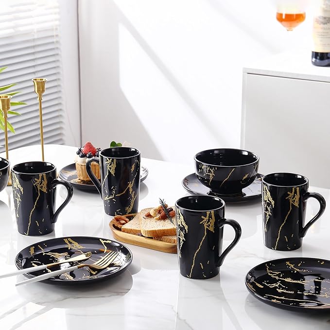 Porcelain Coffee Mugs, 12 Ounce, Set of 6, Black | Hot Tea | Cappuccino | Mocha | Cocoa | Cups for Latte