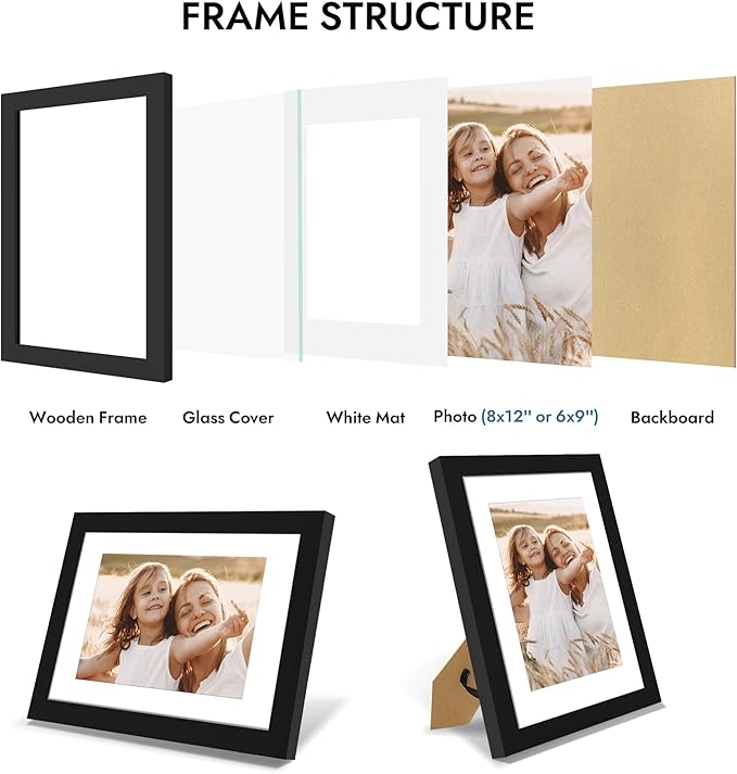 8x12 Picture Frame with Glass, Display Pictures 6x9 with Mat or 8 x 12 without Mat - Wall and Tabletop, 8 by 12 Photo Wooden Frames (Black, 1 Pack)