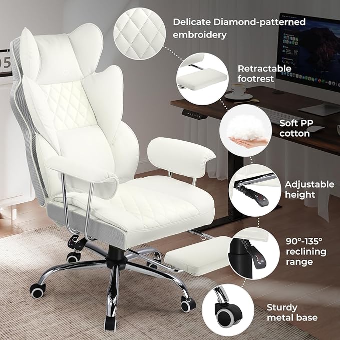 COMHOMA Big and Tall Office Chair, High Back Leather Gaming Chair with Footrest, Executive Ergonomic Office Chairs with Pocket Spring Lumbar Support and with Outward Fixed Soft Armrests