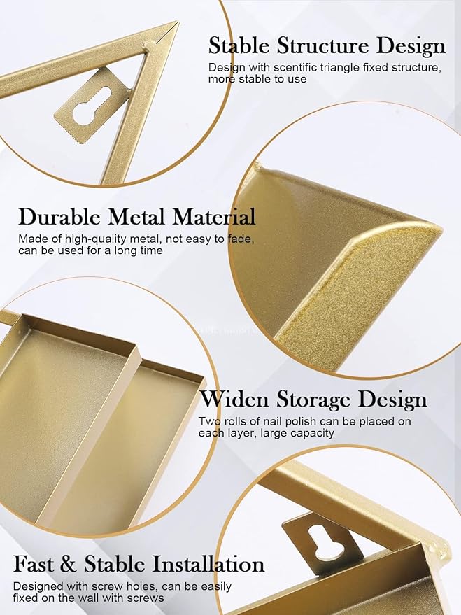 EBANKU 10PCS Nail Polish Racks 5 Tiers Nail Polish Shelf for Wall Triangular Display Rack Cosmetic Display Cases Lipstick Perfume Wall Shelf Essential Oil Organizers for Home Spa Nail Salon Shop(Gold)