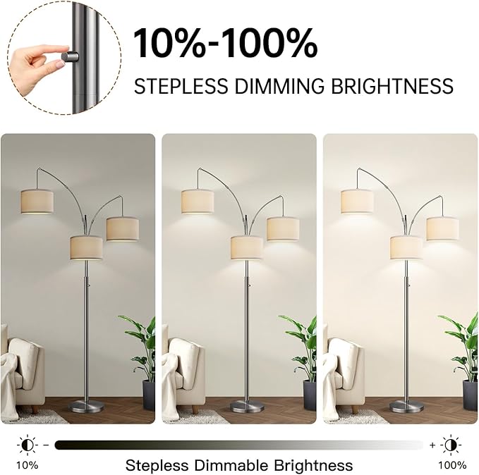 Nintiue Dimmable Floor Lamp - 3 Lights Silver Floor Lamps for Living Room with White Shades & Heavy Base, Mid Century Tree Floor Lamp for Bedroom Office, 3 LED Bulbs Included