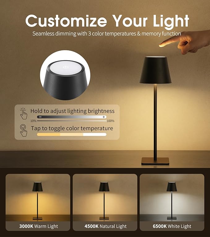 UME Cordless Table Lamp, Battery Operated Lamp - Portable Waterproof Rechargeable Table Lamp w/ 3 Color Temps & Stepless Dimming for Dinner, Desk, Cafe, Outdoor (Black)