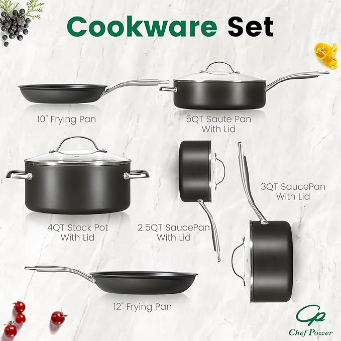 Chef Power Hard Anodized Nonstick Cookware Sets 10 Piece with Stainless Steel Handle, Pots and Pans Set Non Stick, Kitchen Induction Cooking Sets, Dishwasher Safe, Oven Safe, Essential