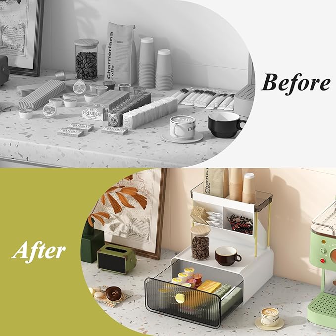 FOLLOWIN Bathroom Counter Organizers and Storage with Drawer,Cosmetic Organizer with Make Up Brush Holder,Perfume Makeup Shelf,3-Tier Vanity Storage,Smoky Gray