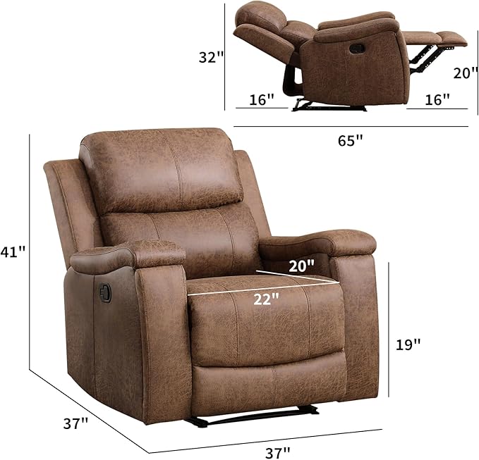 CANMOV Leather Recliner Chair, Classic and Traditional Manual Recliner Chair with Overstuffed Arms and Back, Manual Single Sofa with Concealed Cup Holders,Nut Brown