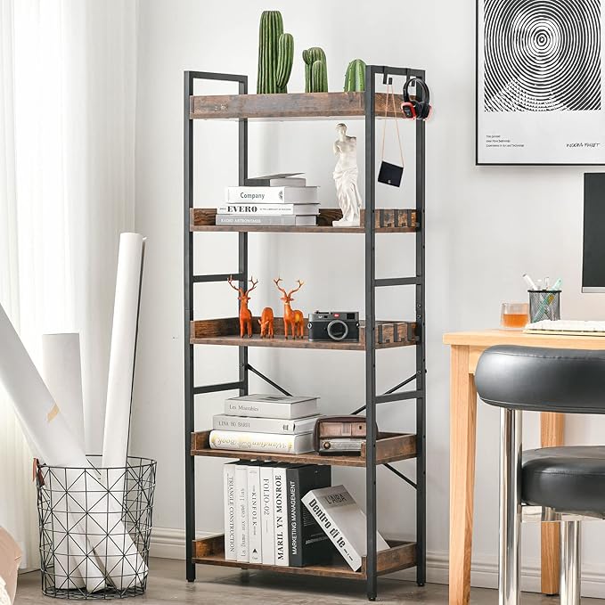 HCHQHS Adjustable 5 Tier Open Bookcase, Rustic Farmhouse Book Shelves, Industrial Wood and Black Metal Bookshelves, Mid Century Bookcase for Home Office Living Room Bedroom
