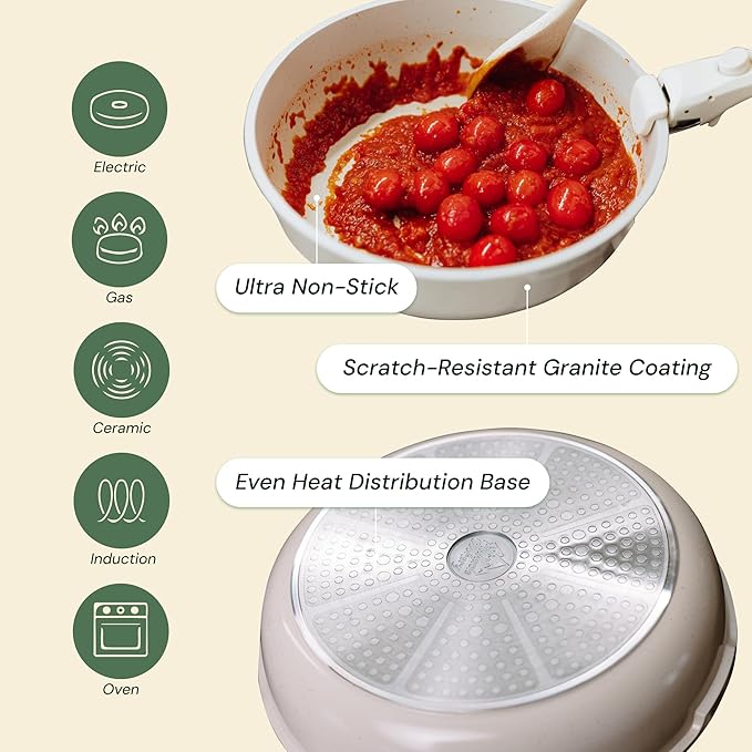 15-Piece White Granite Nonstick Cookware Set – Detachable Handles & Tempered Glass Lids – Stackable & Cool-Touch - Induction & Oven Safe to 480°F - Scratch-Resistant, PFOA & PFOS-Free