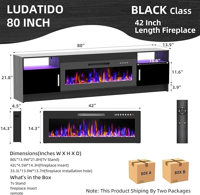 Ludatido 80 Inch TV Stand with 42 inch Electric Fireplace 27 Inch high LED Light Entertainment Center with 3 Open Storage compartments for TVs Up to 90" Black