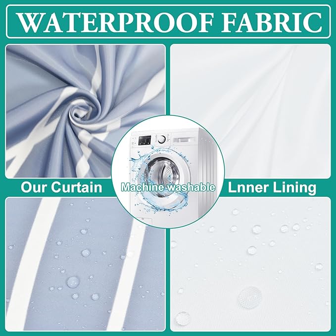 No Hook Ombre Blue Striped Long Shower Curtain with Snap in Fabric Liner Set - Hotel Shower Curtain and Liner Set with See Through Mesh Top Window,Machine Washable, 71x86 INCH