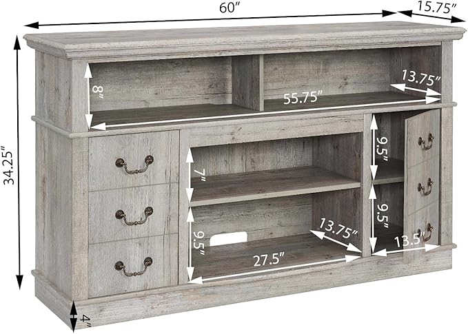 HMFULE 60" Entertainment Center for 60 65 Inch Television, TV Stand with Storage 2 Cabinets & 2 Doors & Adjustable Shelves, Modern TV Console, Rustic Farmhouse Living Room Furniture (Light Gray)
