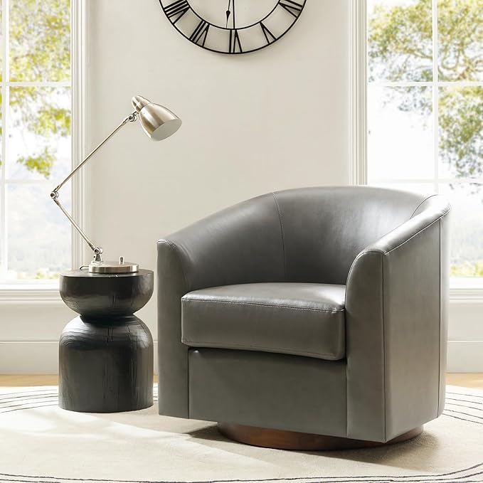 HULALA HOME Faux Leather Swivel Accent Chair with Solid Wood Base, Round Swivel Barrel Chair for Living Room and Bedroom, Grey