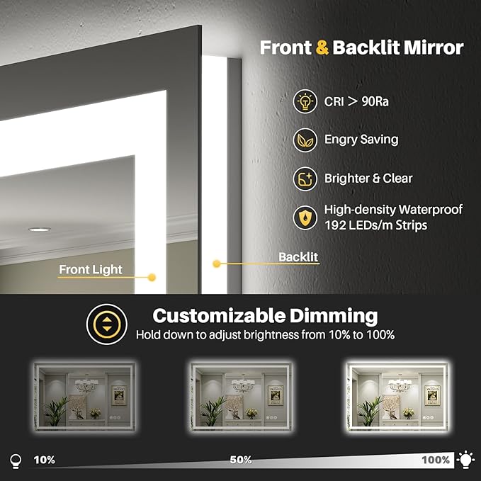 72"x32" LED Bathroom Mirror with Lights, Backlit & Front Lit, Lighted Wall Mirrors for Bathroom Vanity, Touch Screen Dimmable, Anti-Fog, Memory Function, HD Tempered Glass, Shatter-Proof, ETL Listed