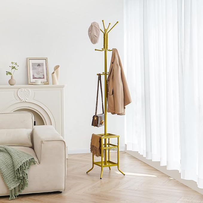 Yoobure Coat Rack Freestanding - Coat Tree with Umbrella Holder, Metal Coat Rack Stand with 12 Hooks, Modern Coat Hanger Stand for Entryway, Purse Rack Hat Rack Stand for Living Room Bedroom Office