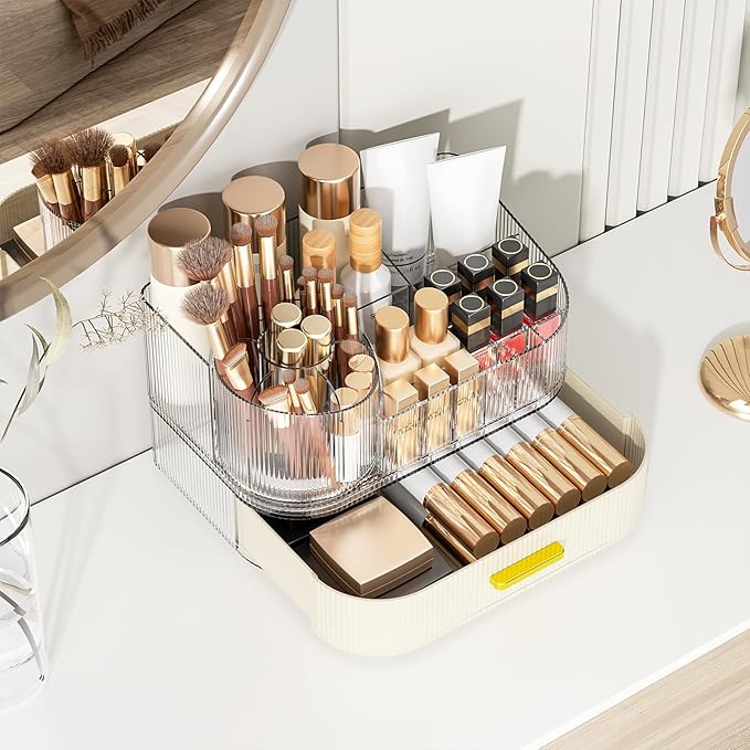 Delamu Makeup Organizer for Vanity with Stackable Drawers, 360 Rotating Makeup Brush Holder Large Cosmetic Display Case for Dresser, Bathroom Countertop Skincare Organizers and Storage, Elegant White
