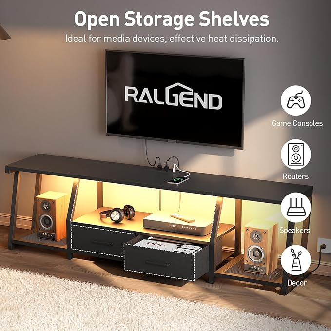 LED TV Stand with Fabric Drawers for 80 Inch TV, Entertainment Center with Power Outlets and Open Storage Shelves, Industrial Media TV Console Table for Living Room, Bedroom, Black