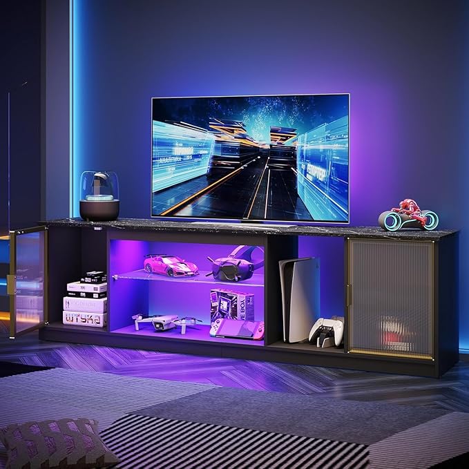 Bestier Gaming TV Stand for TVs up to 80 inch, 70 inch LED Entertainment Center with Adjustable Glass Shelf & Translucent Doors Storage Cabinet for PS5, Modern TV Console for Living Room, Black Marble