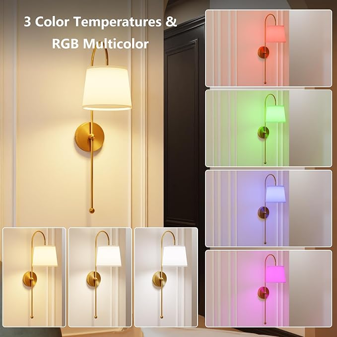 Battery Operated Wall Sconce Set of 2, Rechargeable Wireless Wall Decor Sconces, Two Battery Powered Wall Lights, Dimmable Magnetic RGB Bulbs & Remote, Lamp for Living Room Bedroom - Gold