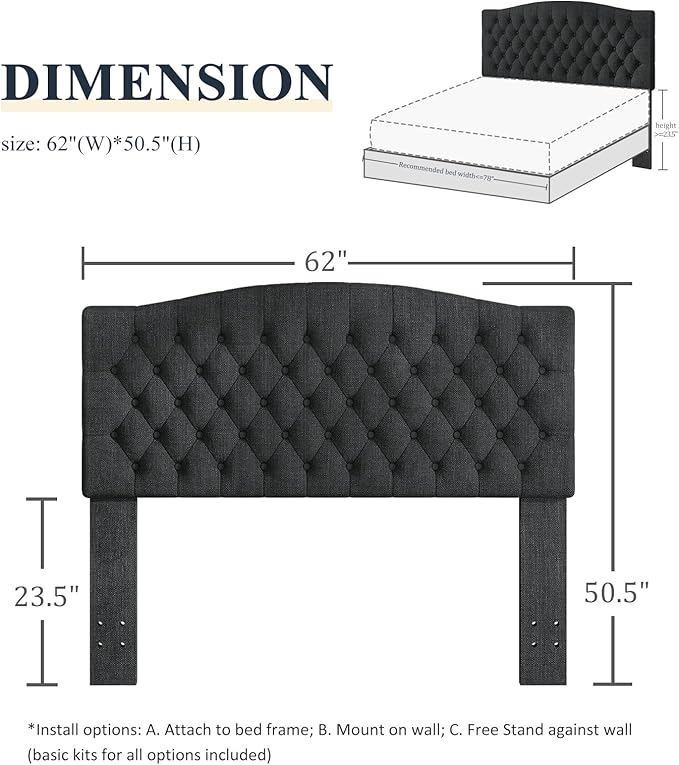 Queen Headboard Only, Upholstered Headboard for Adjustable Bed Linen Tufted Queen/Full Size Wall Mounted Head Board with Solid Wood Legs Head Board, Dark Gray