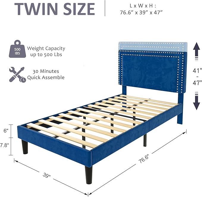 VECELO Twin Size Platform Bed Frame with Adjustable Upholstered Headboard, Modern Mattress Foundation, Strong Wood Slat Support, No Box Spring Needed, Easy Assembly