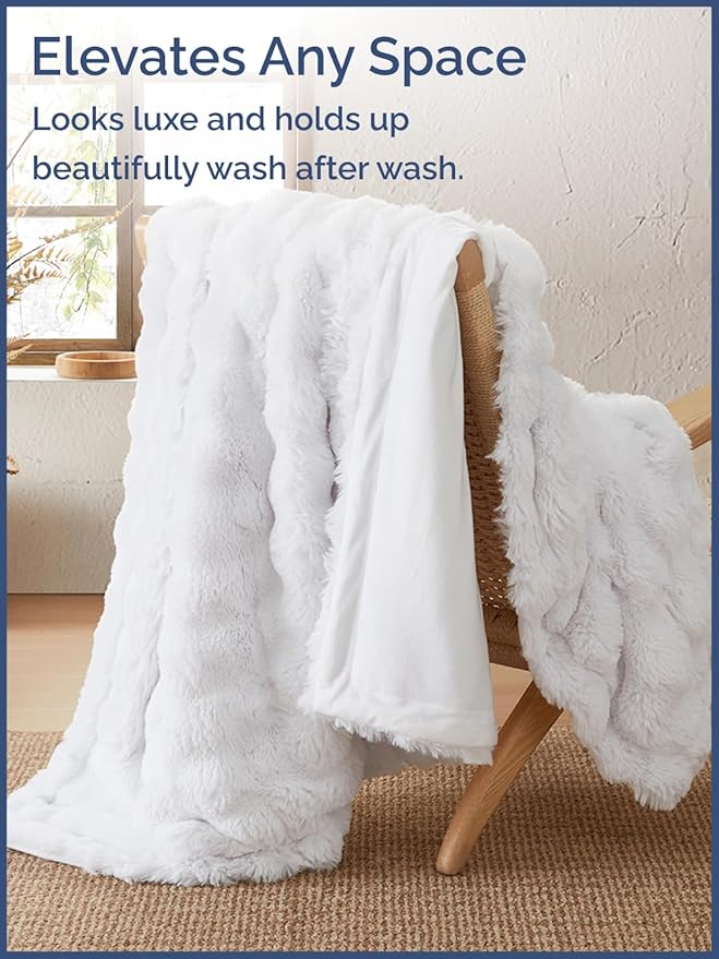 Fluffy Throw Blanket Queen Size - Faux Fur Throw for Couch or Bed - Ultra Plush Soft Extra Thick Faux Fur Rabbit Blanket - Comfy, Warm & Breathable - Luxury Minky Tie Dye Bedding - 90" x 90", White