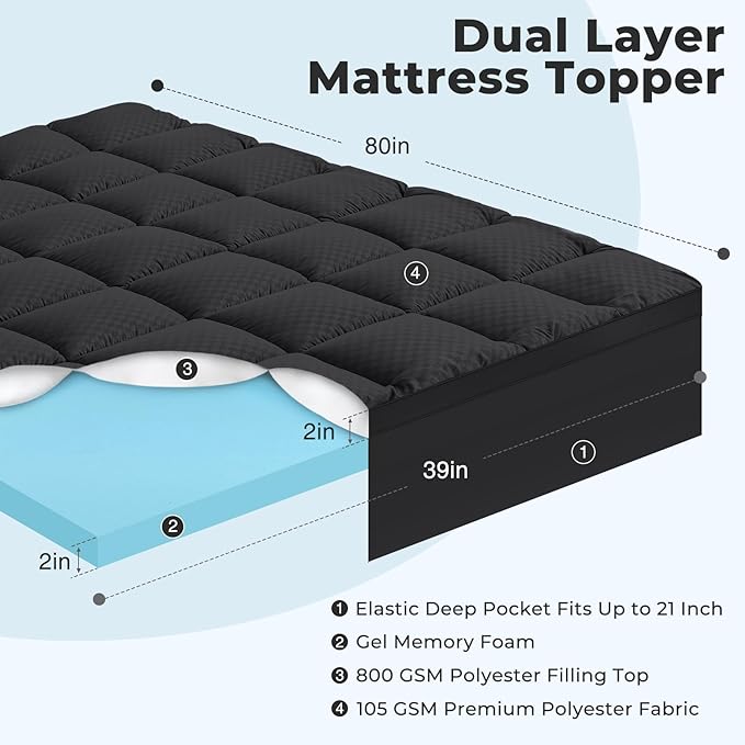 OLANLY Dual-Layer 4 Inch Twin XL Size Memory Foam Mattress Topper for College Dorm Room Essentials, 2 Inch Gel Memory Foam Topper, 2 Inch Cooling Pillow Top Mattress Pad Cover, Black