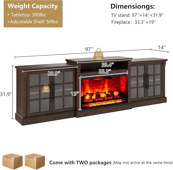 97" Farmhouse TV Stand with 33" Fireplace for TVs up to 100", Media Entertainment Center with Large Storage Cabinet and Adjustable Shelves for Living Room, Rustic Brown